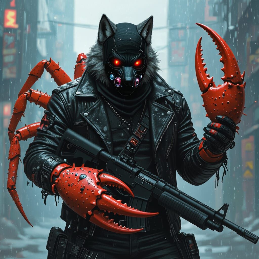 Menacing Cyberpunk Wolf Hybrid Creature with Shotgun