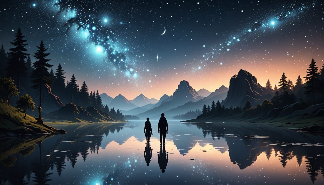 Figure in Serene Starlit Landscape with Rippling Water