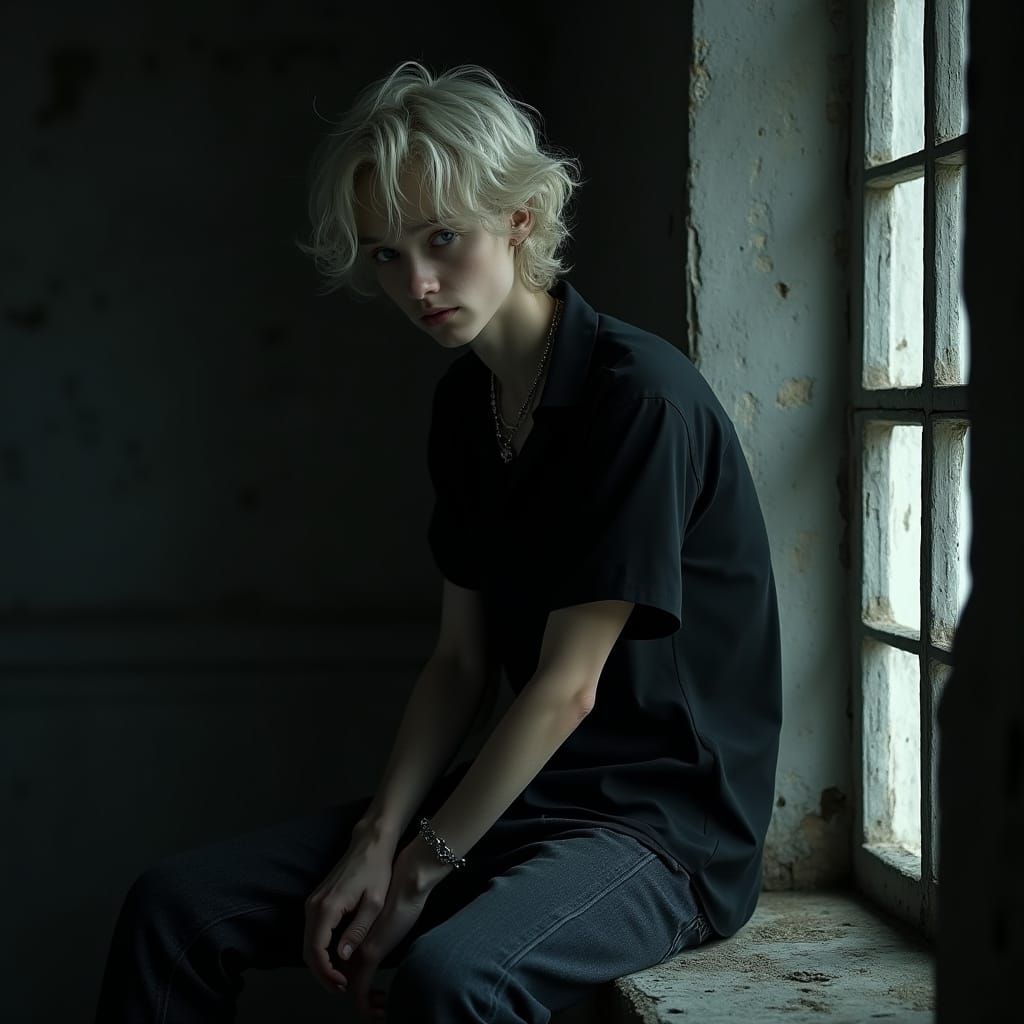 Hyper-Realistic Portrait of a Lean Albino in a Dimly Lit Cha...