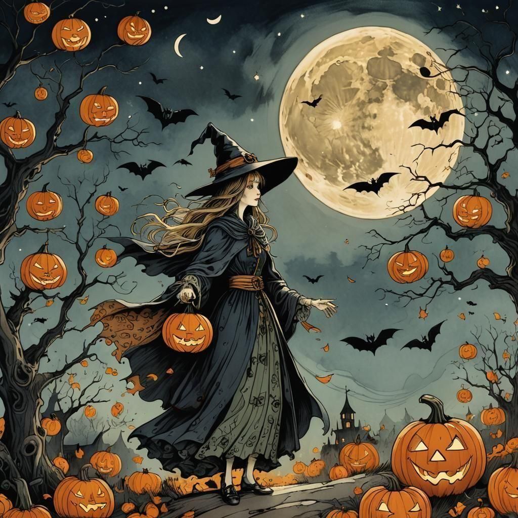 Whimsical Witch Halloween Storybook Illustration