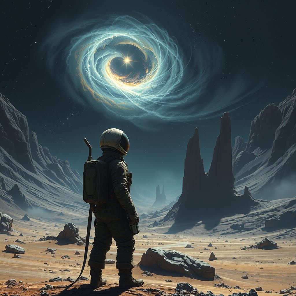 Astronaut Gazes at Nebula on Alien Planet in Dark Fantasy St...
