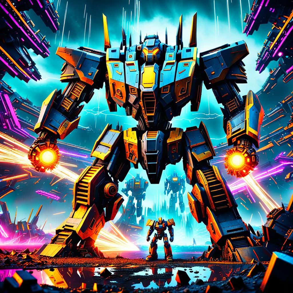 Mechanical Warrior in Futuristic Battle Arena