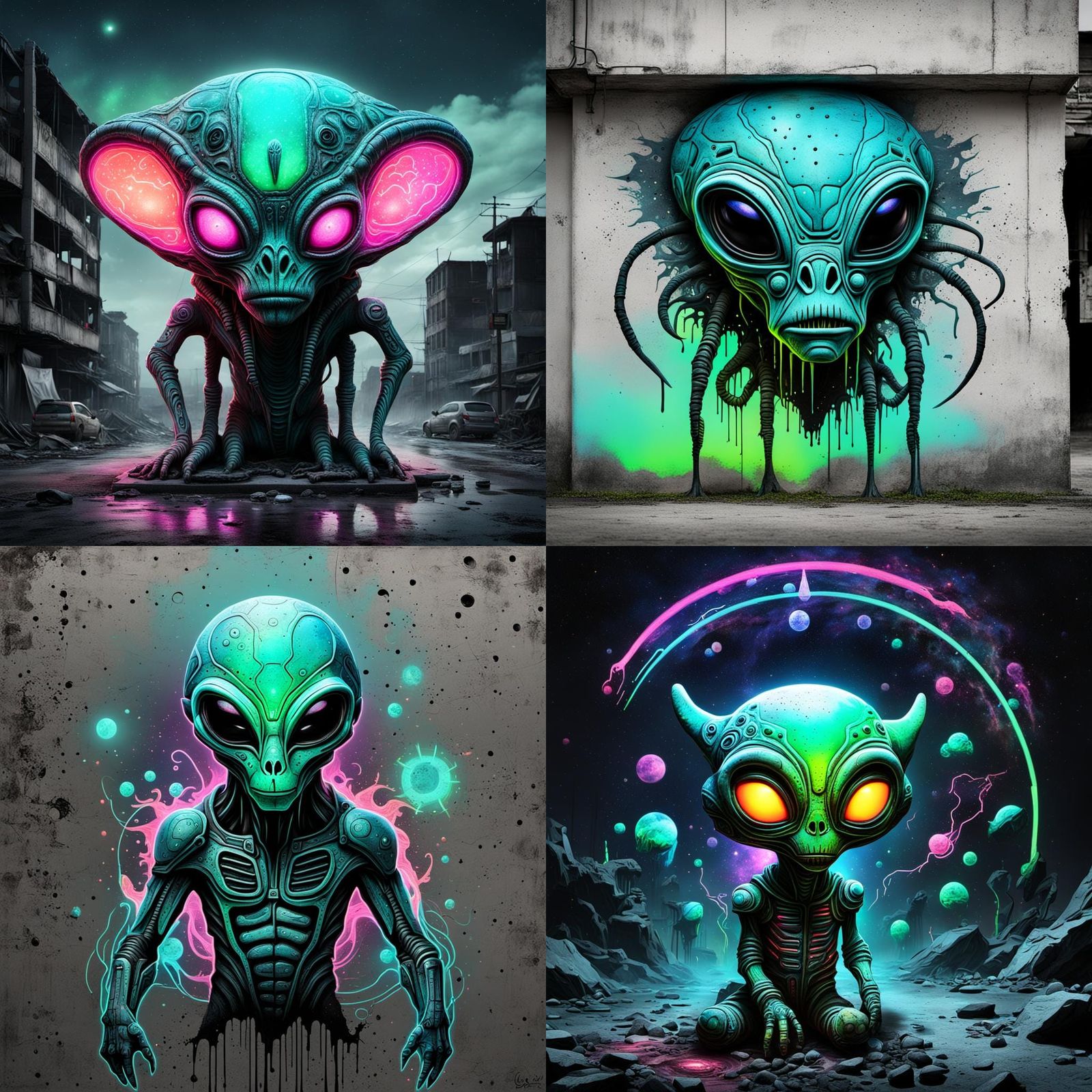 Alien Creature in Neon Post-Apocalyptic Street Art