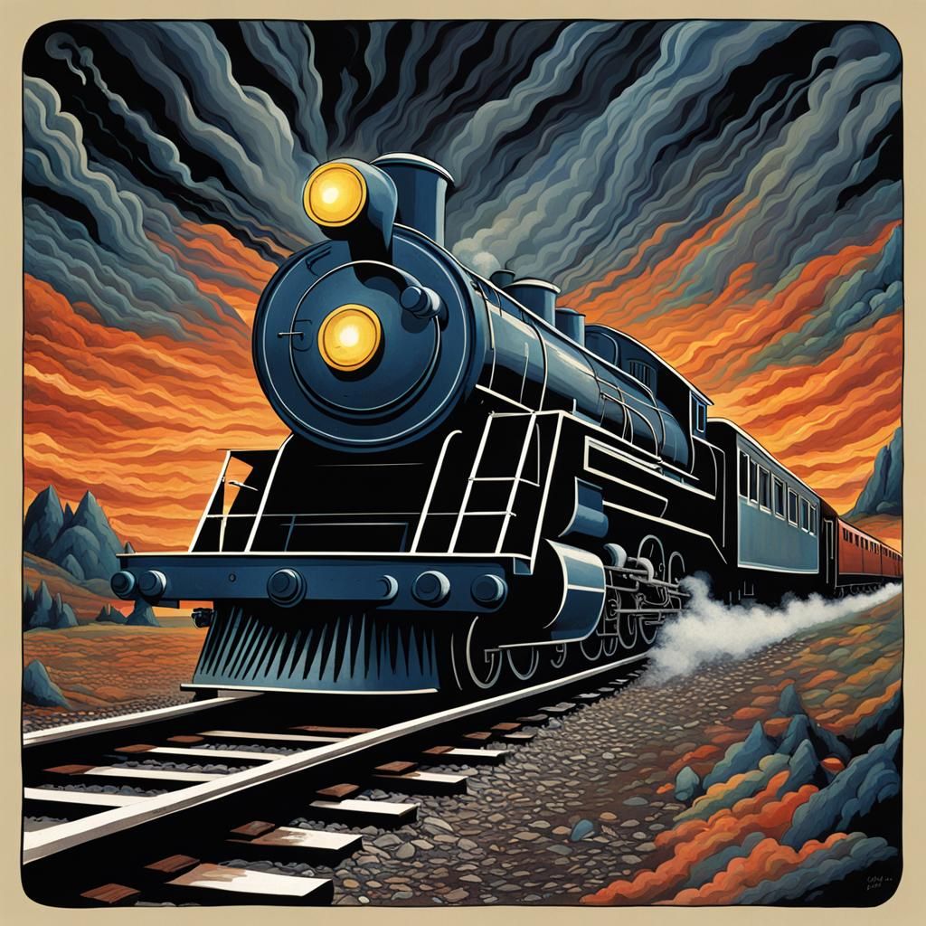 Surreal Railway Scene with Approaching Crazy Train