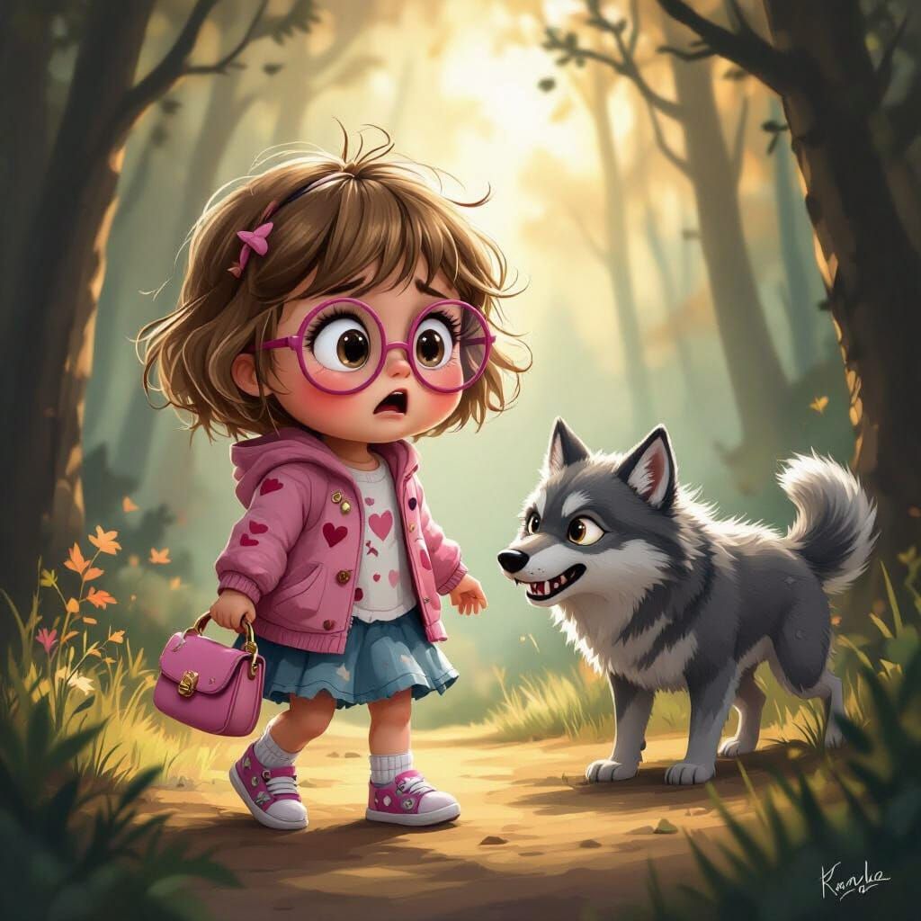 Girl's Encounter with Wolf in Moody Forest