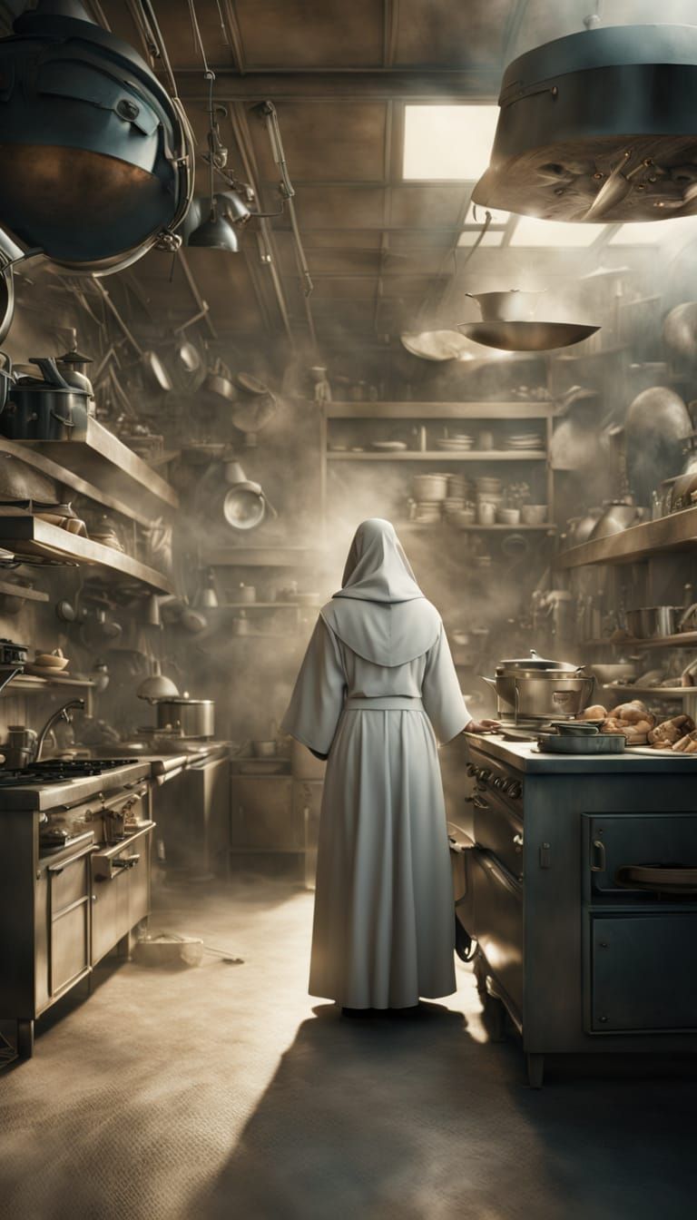 Nun in Zero-G Kitchen: Epic Digital Painting