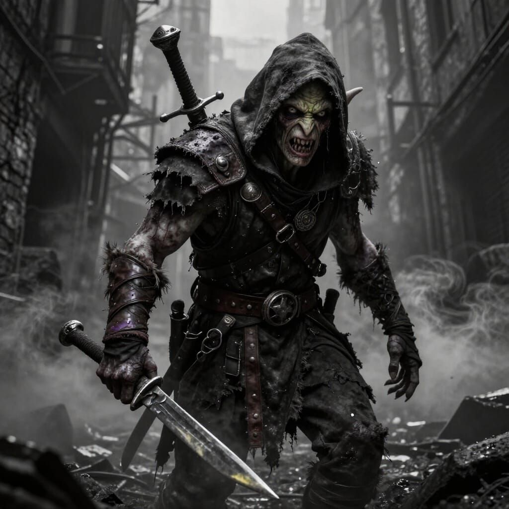 Warhammer Goblin Vagabond in Ruined City Alley