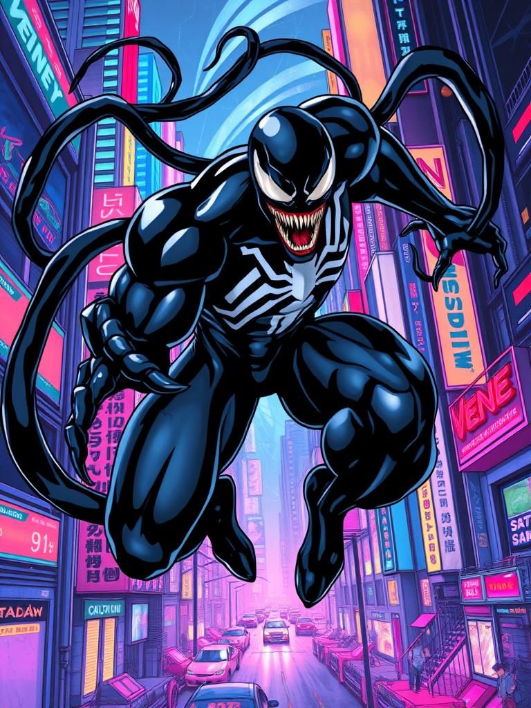 Anime Venom Leaps Through a Neon Cityscape