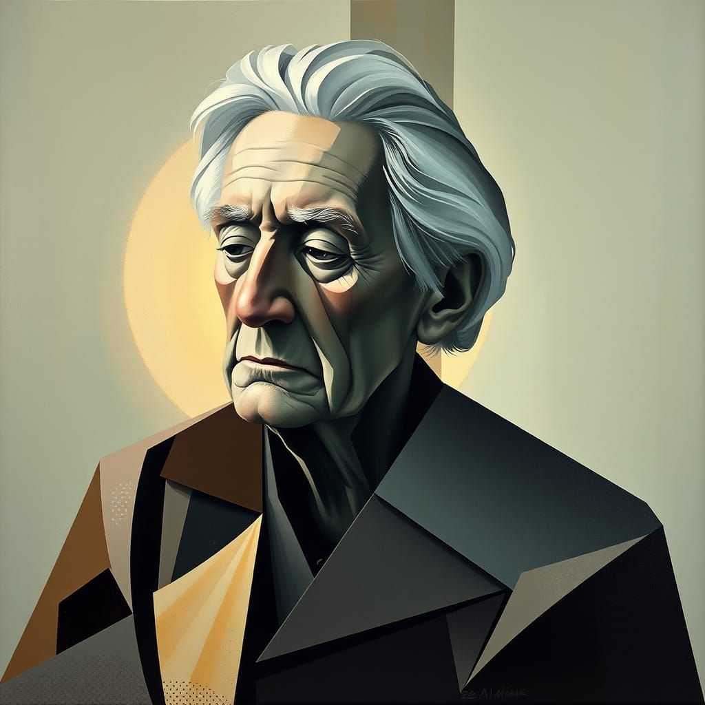 Cubist Painting of Serene Elderly Figure Embodies Calm and W...