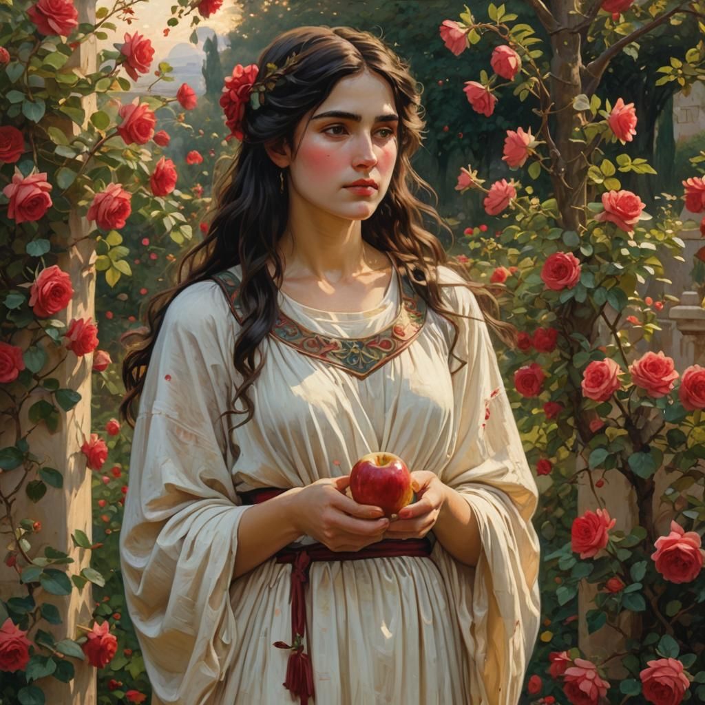 Woman in Greek Tunic Eating Apple, Pre-Raphaelite Style