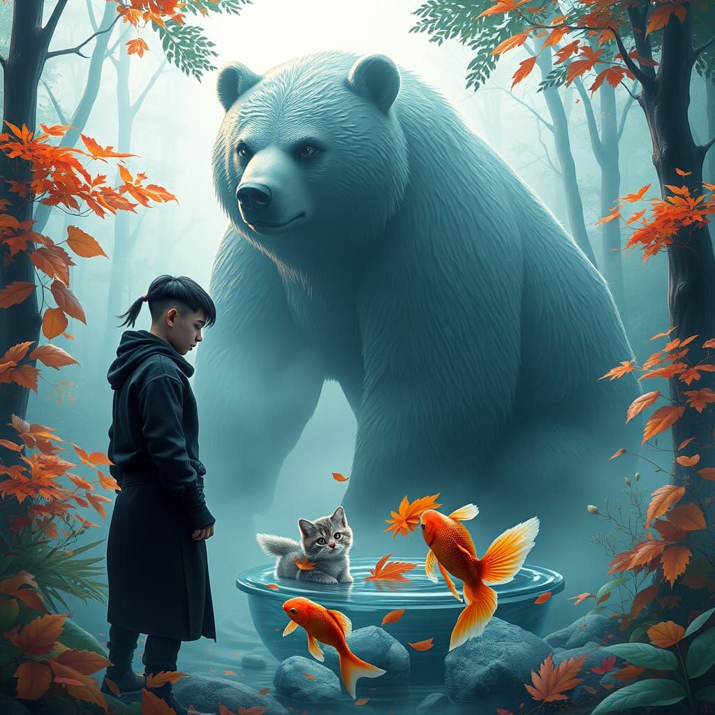 Ninja Meets Majestic Bear in Enchanted Forest Dreamscape