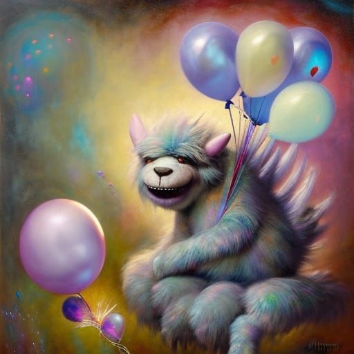 Pastel Monster with Balloons: Whimsical Oil Painting