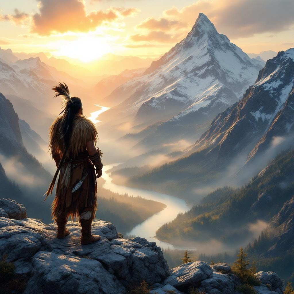 Iroquois Warrior Magua Surveys Land at Sunrise