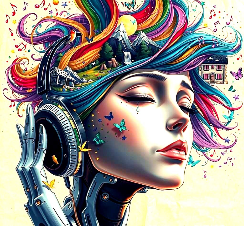 Robot's Ethereal Melody in Vibrant Dreamscapes
