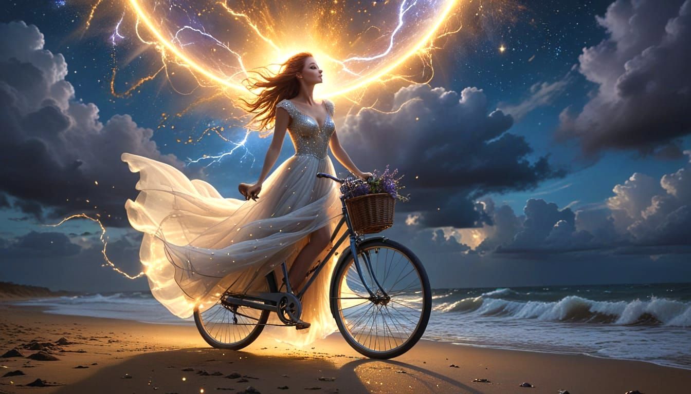 Woman Rides Glowing Bicycle Through Starry Night Sky