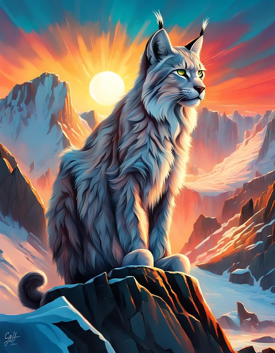 Arctic Lynx Dominates Obsidian Cliffs in Vibrant Street Art