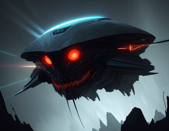 Horrifying Alien Fires Laser in Dark Spaceship