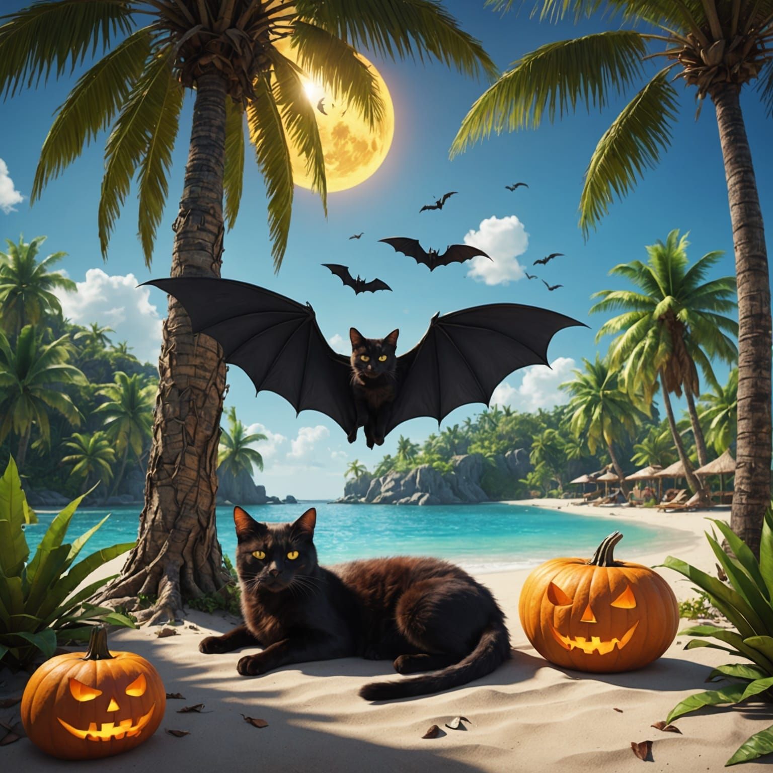Tropical Halloween Island: Vampire, Witch, and Calico Cat