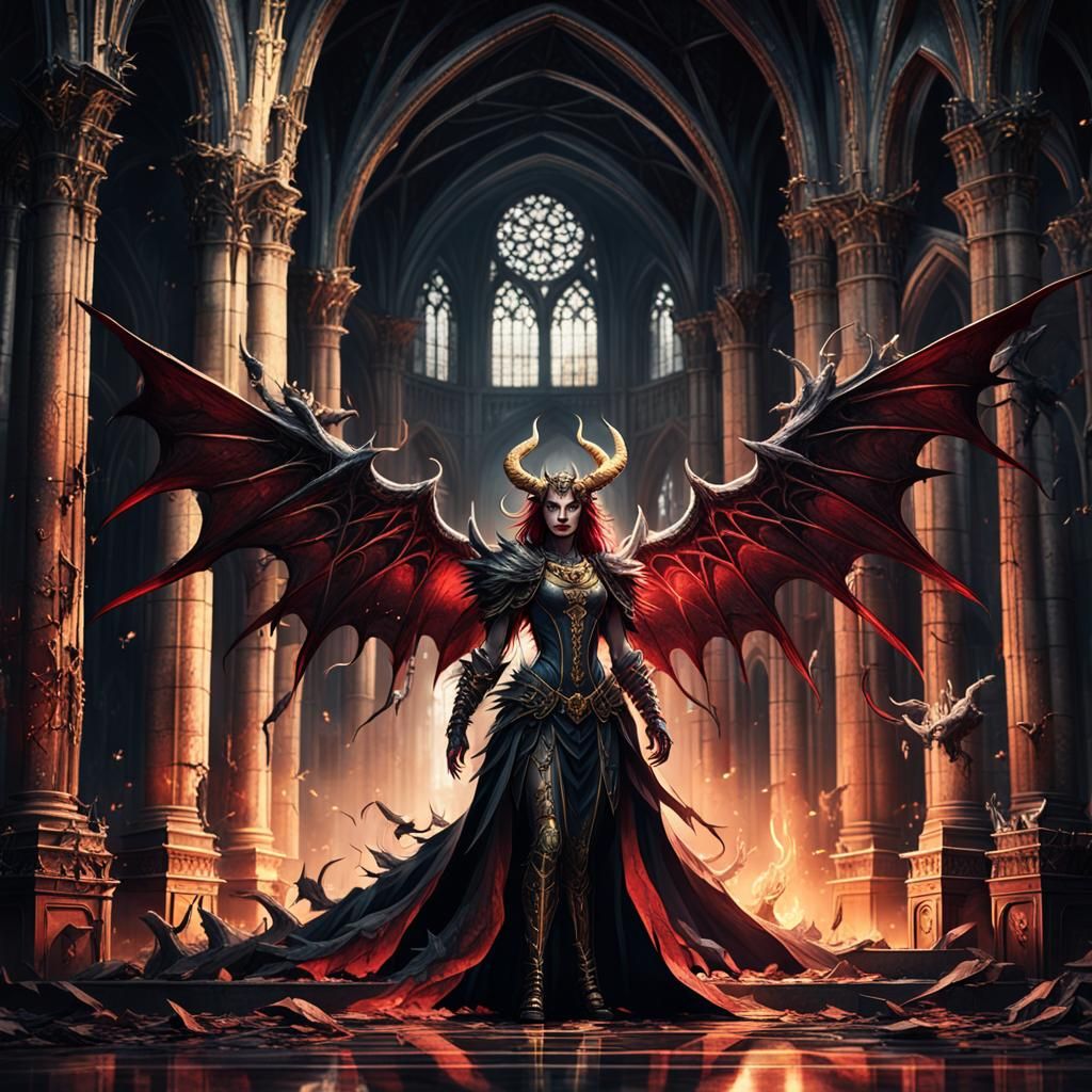 Gothic Demon in Ruined Cathedral