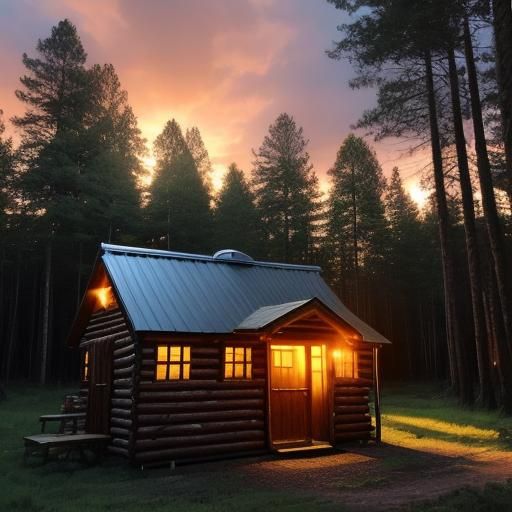 Log Shed in Forest at Sunset with Sunbeams