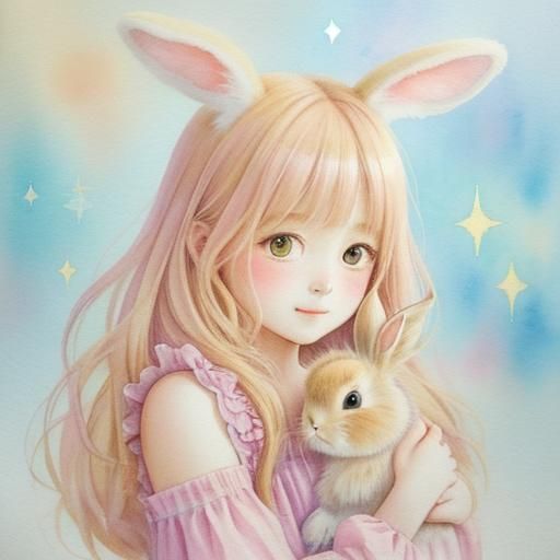 Kawaii Girl Hugging Bunny in Watercolor Style