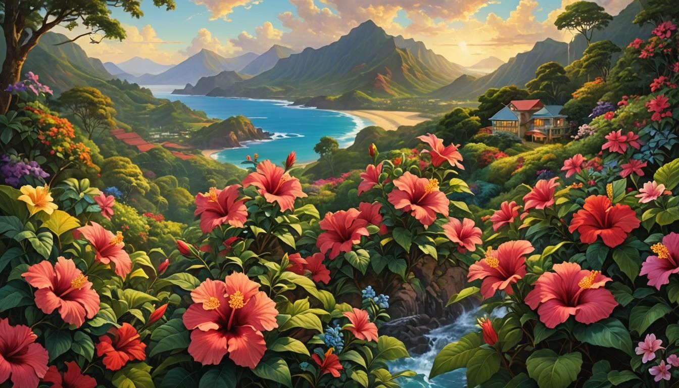 Kaleidoscopic Kauai Hawaii Hibiscus in Kinkade Style