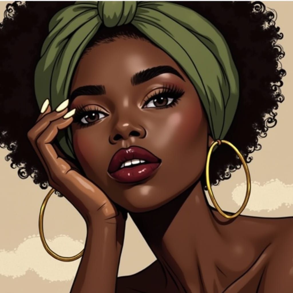 African American Woman in Cartoon Style with Natural Hair an...