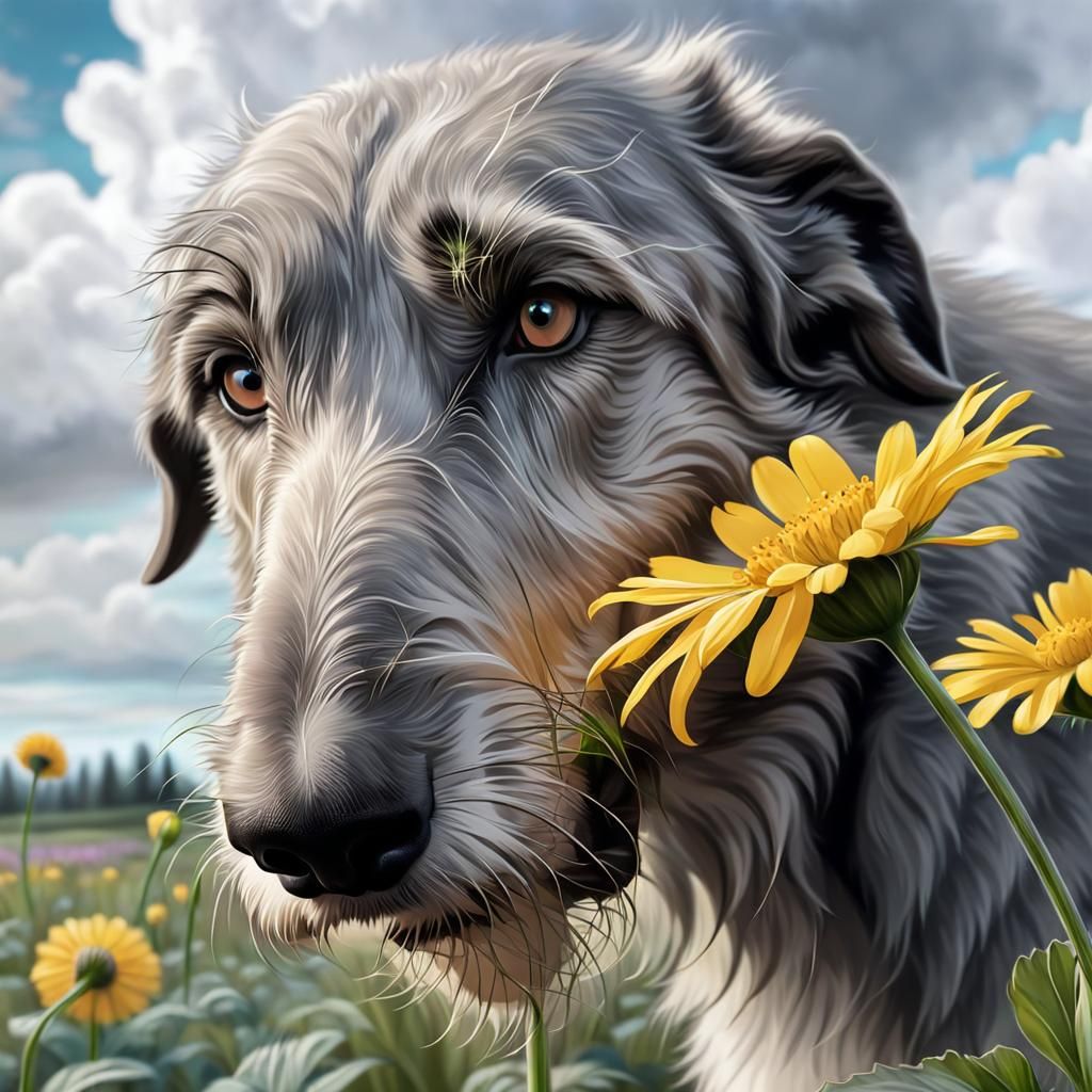 Gentle Giant: Irish Wolfhound Sniffs Flower in Cel Shading