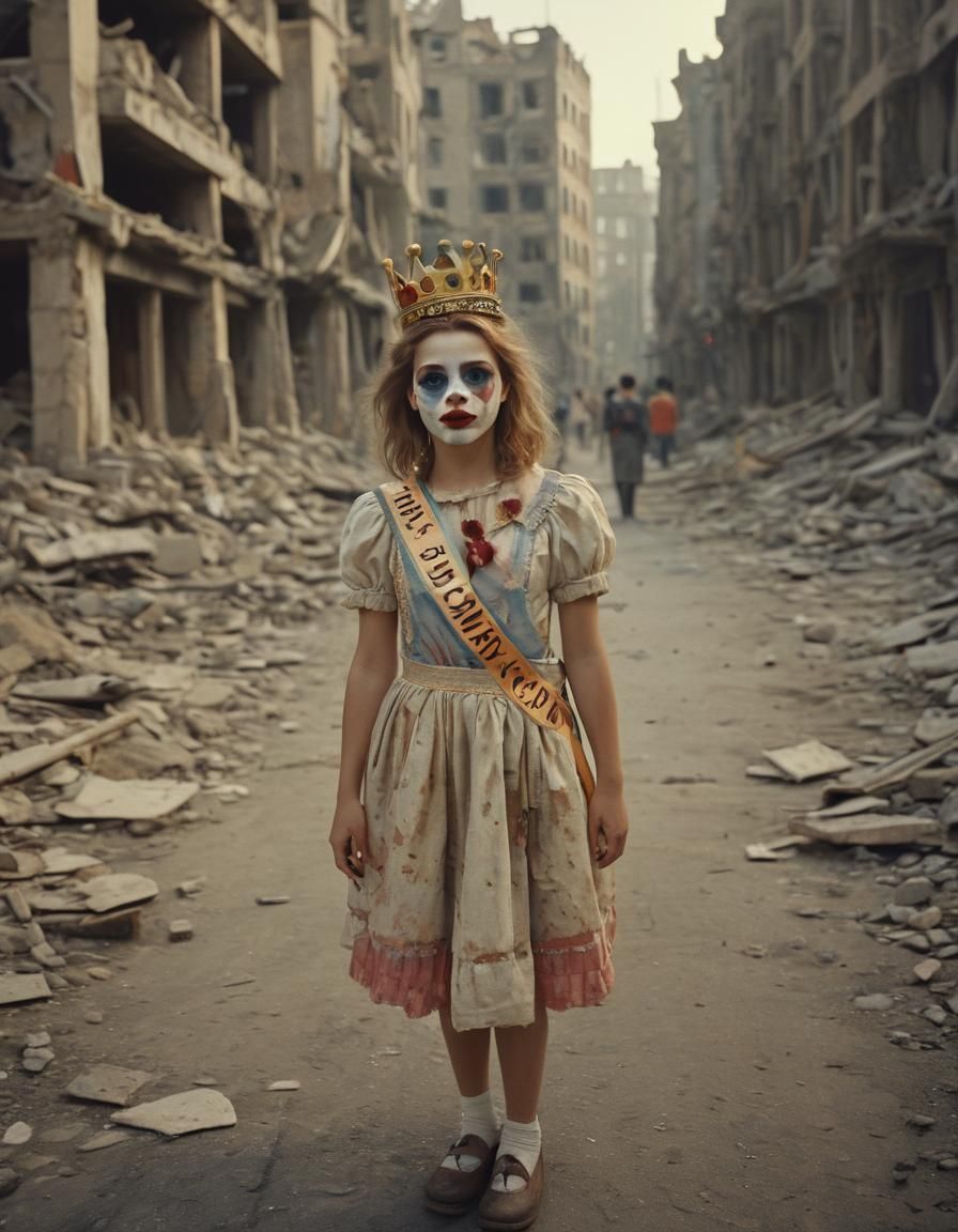 Miss Clown: Surreal Portrait in Bombed City