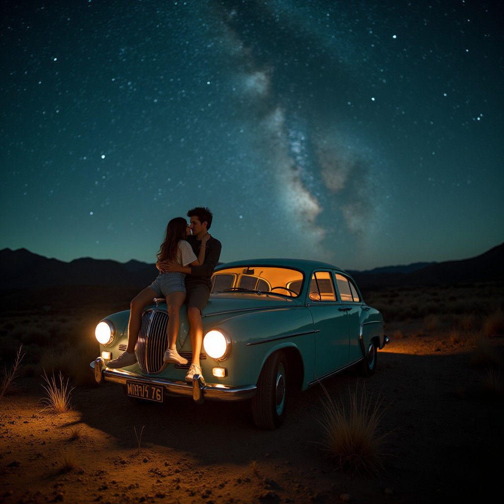 Romantic Couple Under Starry Sky in Cinematic Lighting