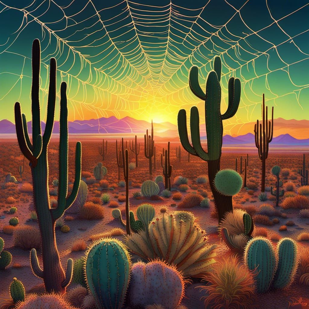 Spiderweb and Cactus Sunset, Wes Anderson Style