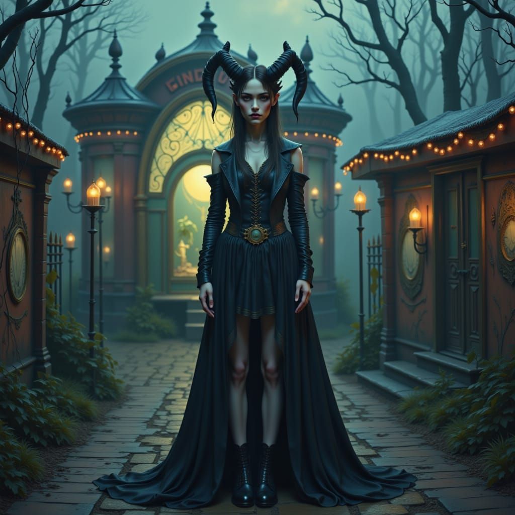 Mysterious Woman at Abandoned Carnival: Dark Surrealism