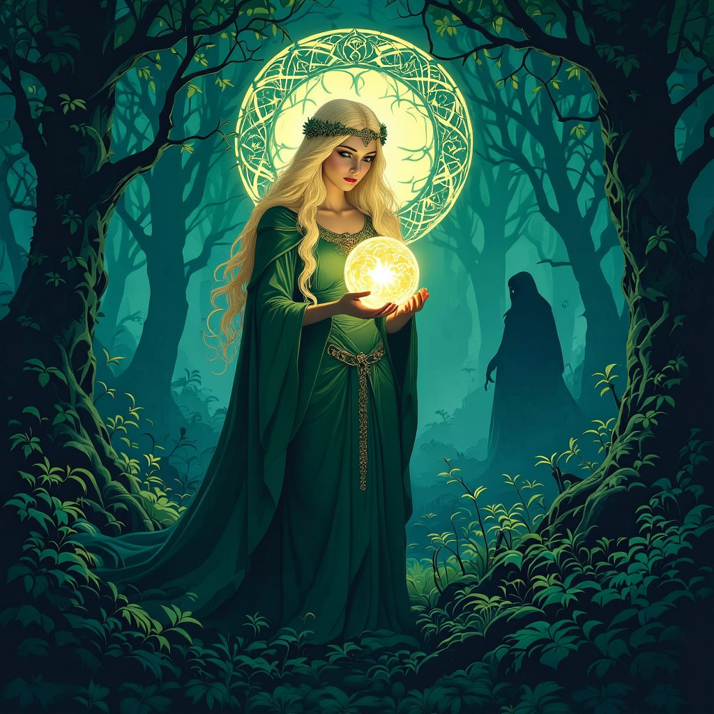 Celtic Goddess in Dark Forest with Glowing Orb