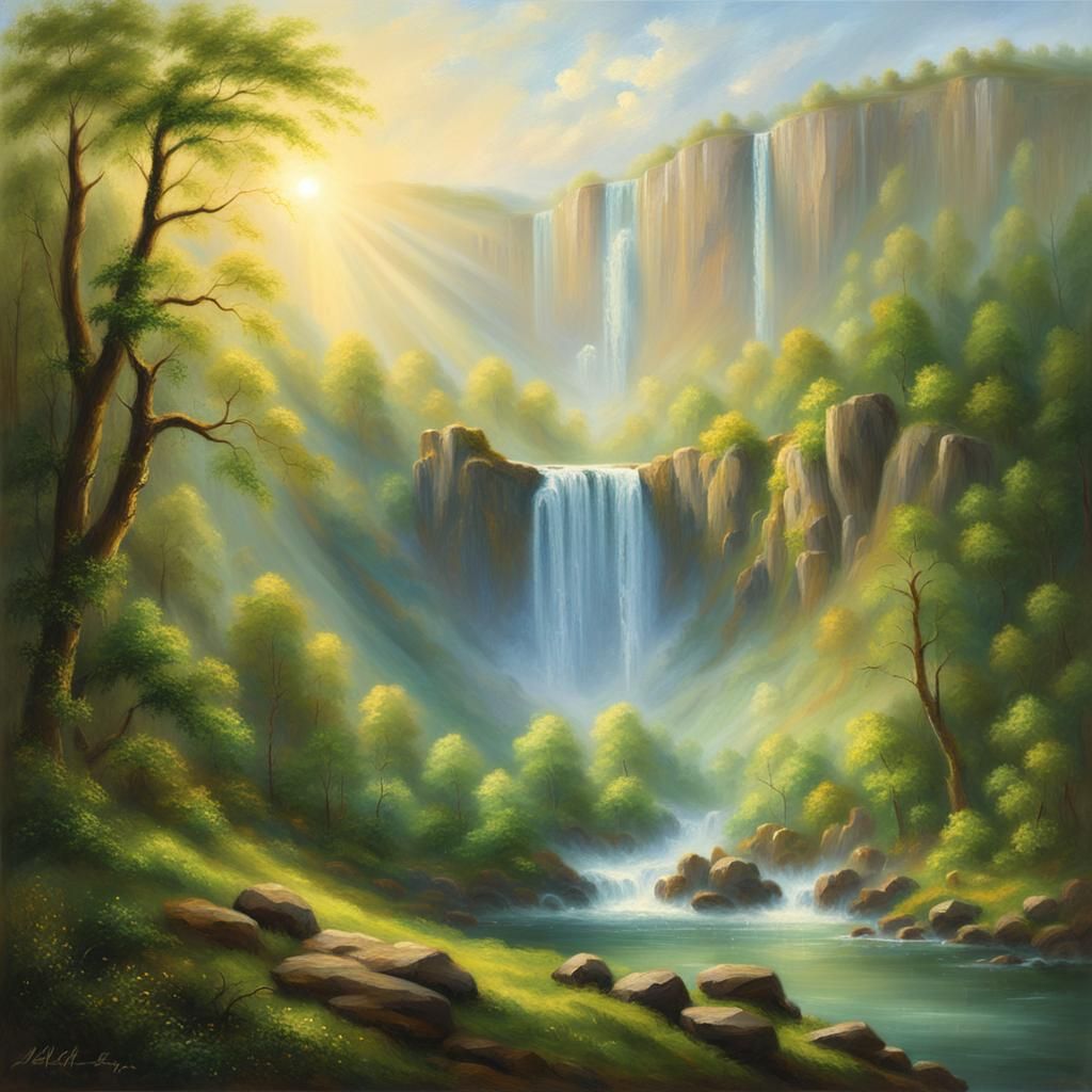 Serene Waterfall Landscape in Ethereal Oil Painting Style