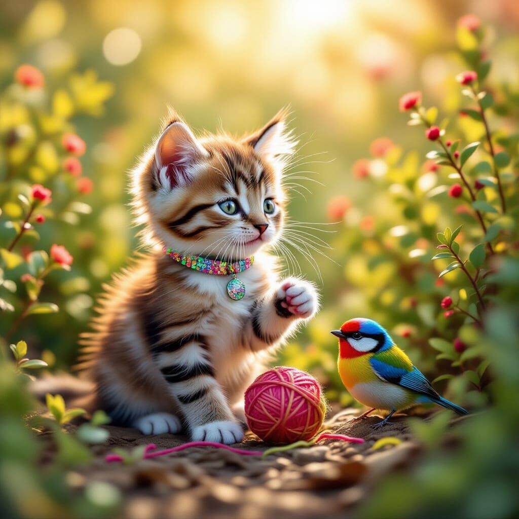 Rainbow Kitten Plays with Yarn: Digital Art