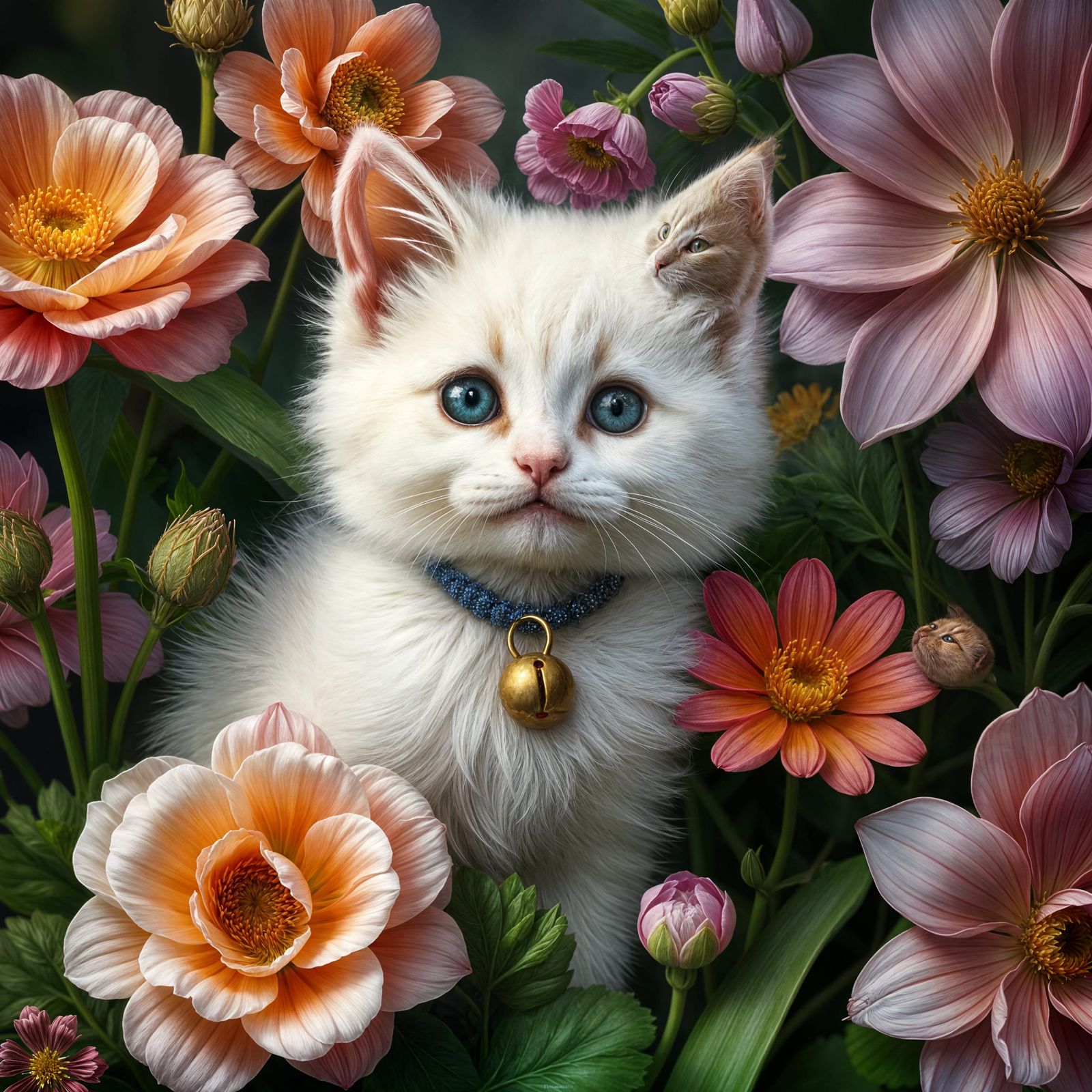 Cute White Kitten Amidst Whimsical Blooms in Realistic Style