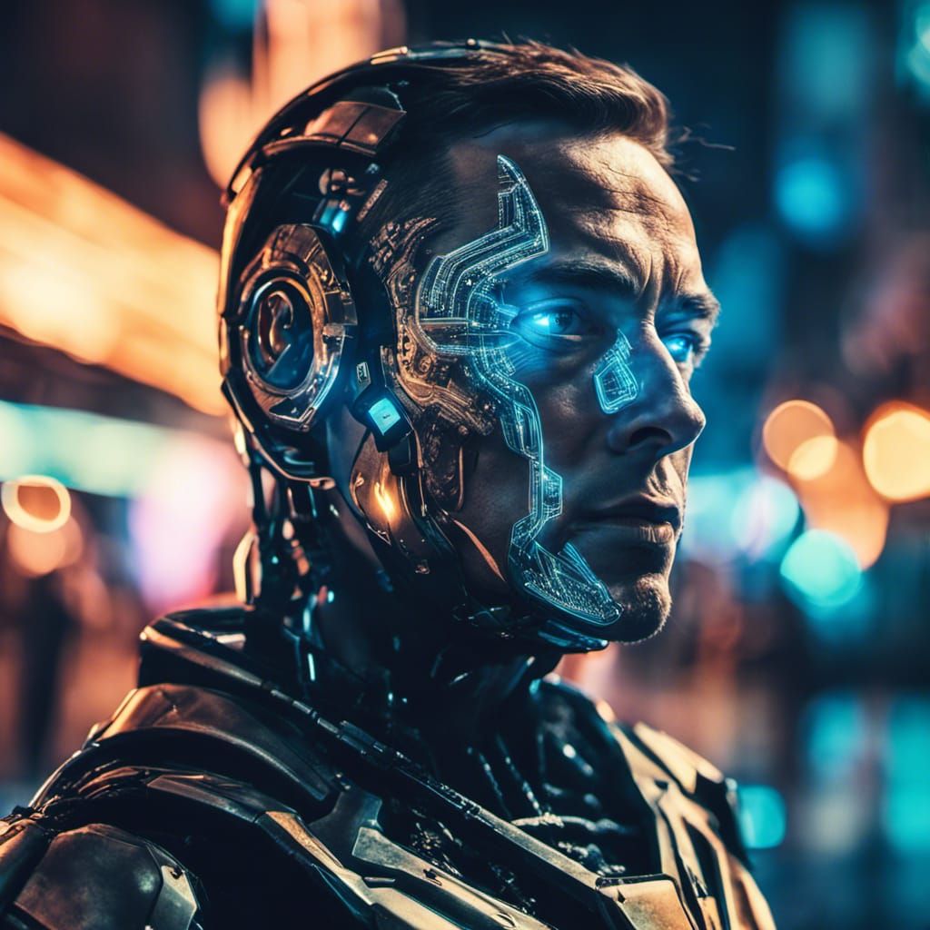Cyborg Portrait in Neon City, Hyperrealistic Style