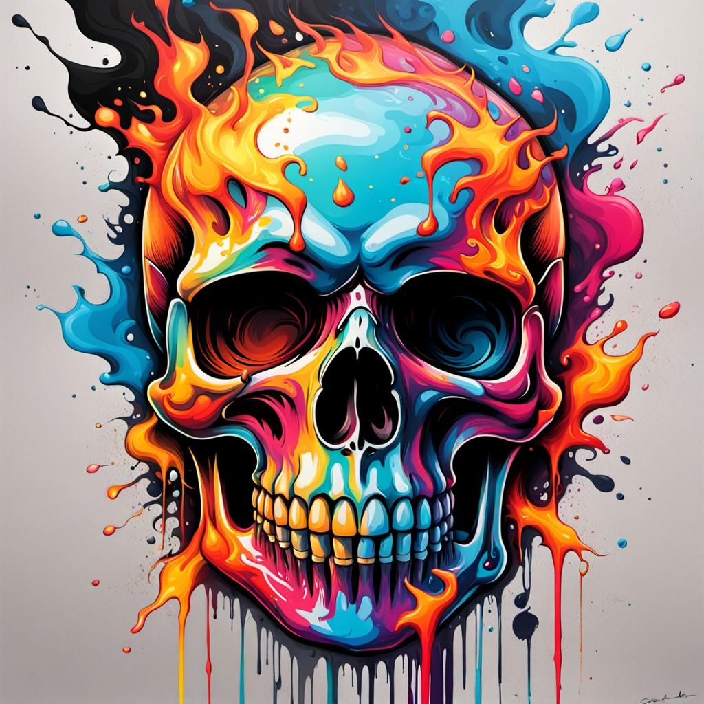 Colorful Flames and Vibrant Skull Graffiti Art