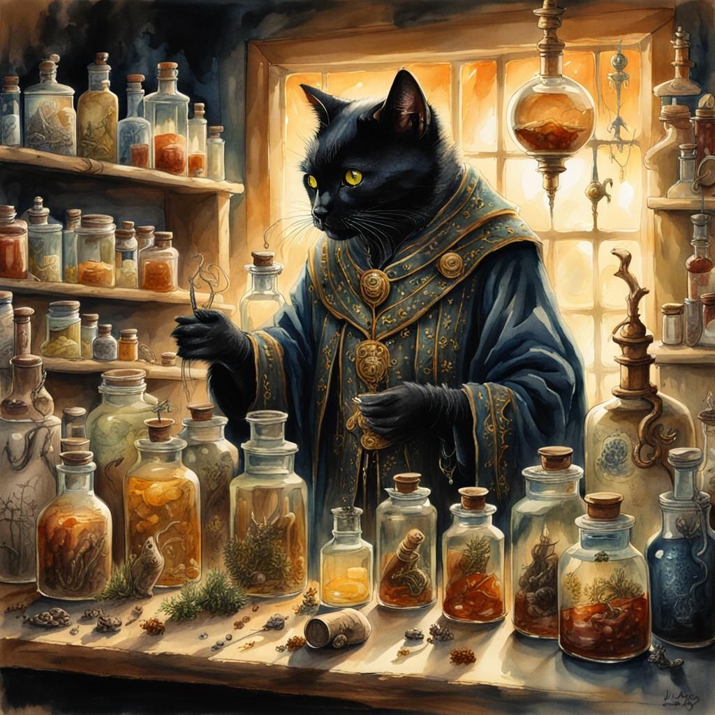 Anthropomorphic Cat Wizard in Laboratory, Watercolor Oil Sty...