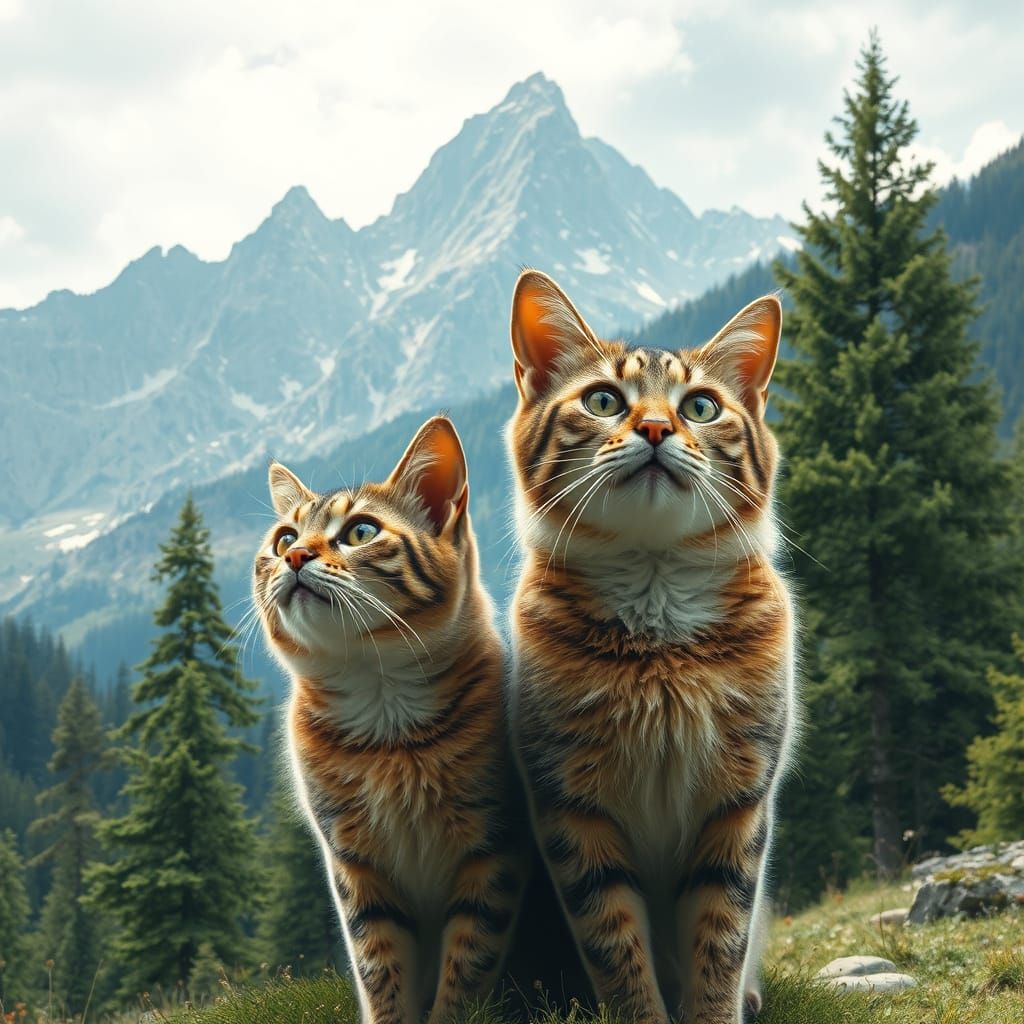 Surreal Cats in Mountain Landscape, Digital Art