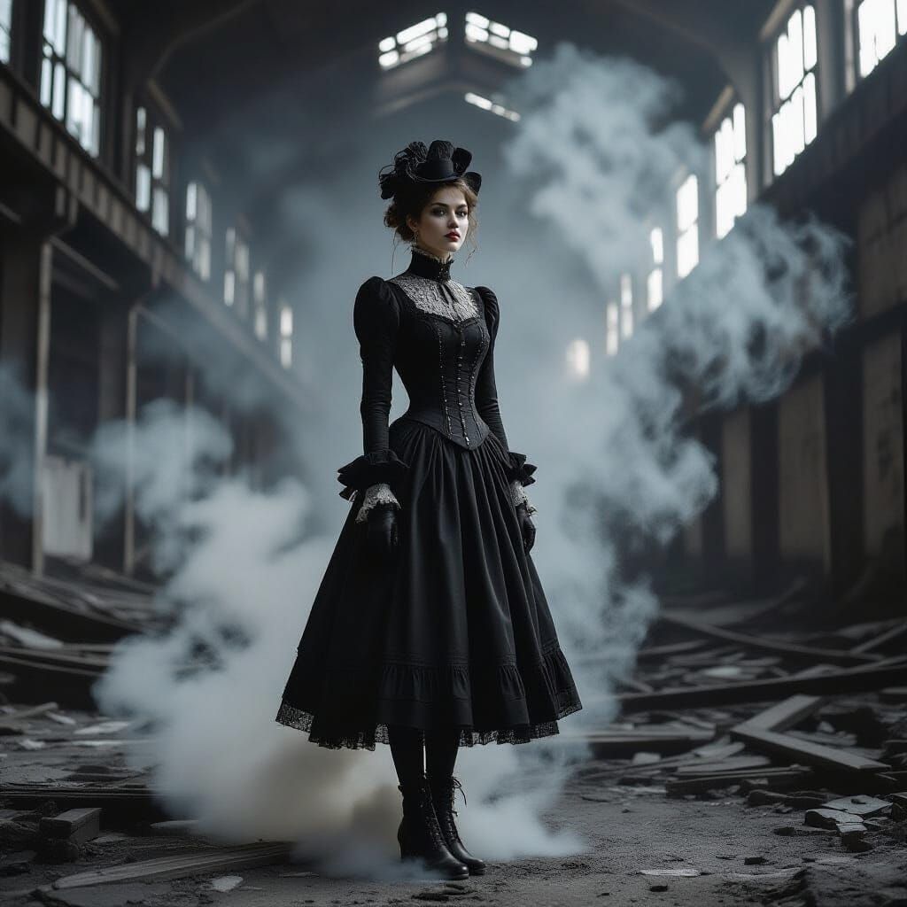 Victorian Woman in Abandoned Factory Ruins