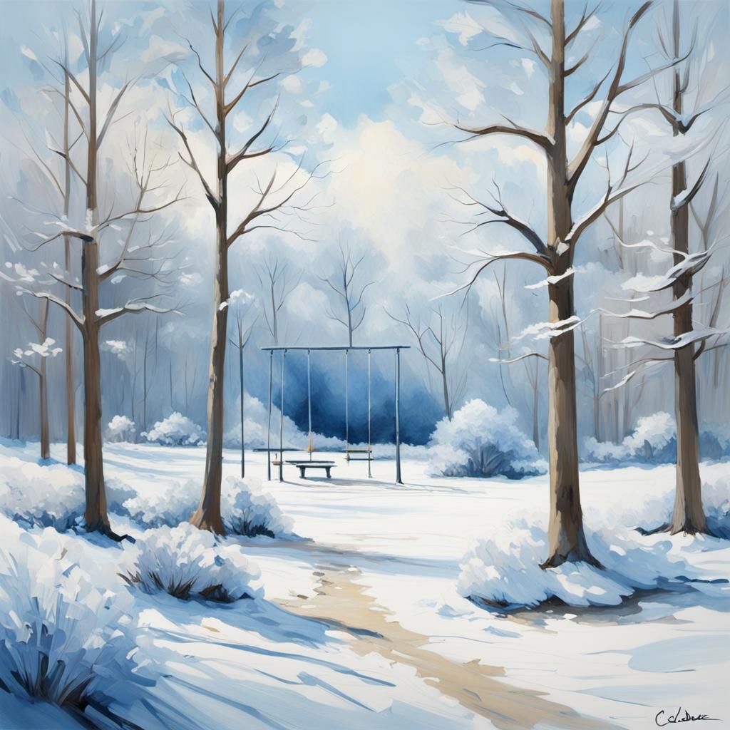 Winter Landscape with Frozen River, in Impressionist Style