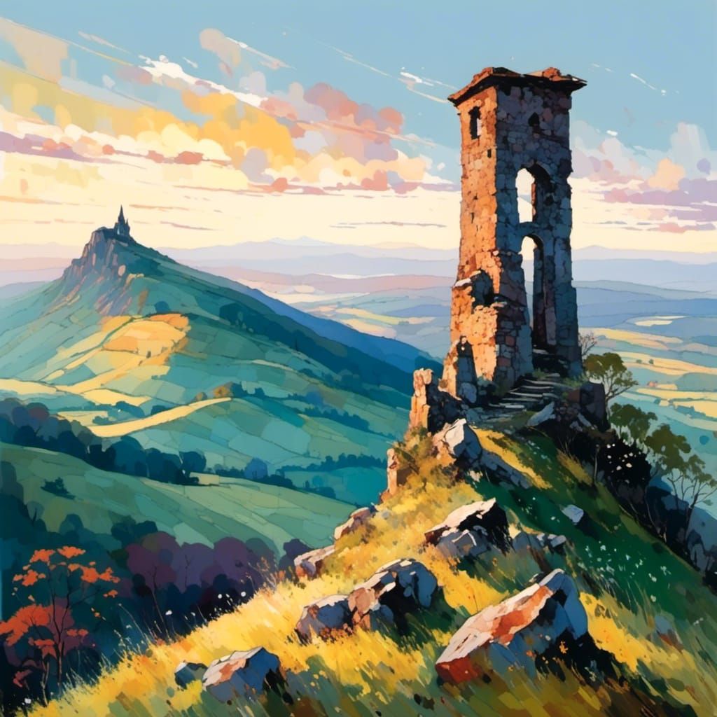 Ruined Tower at Sunset: A Pointillist Landscape