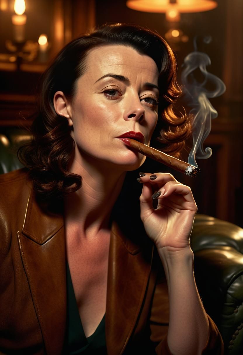 Eve Myles Smoking Cigar in Vintage Film Noir Style
