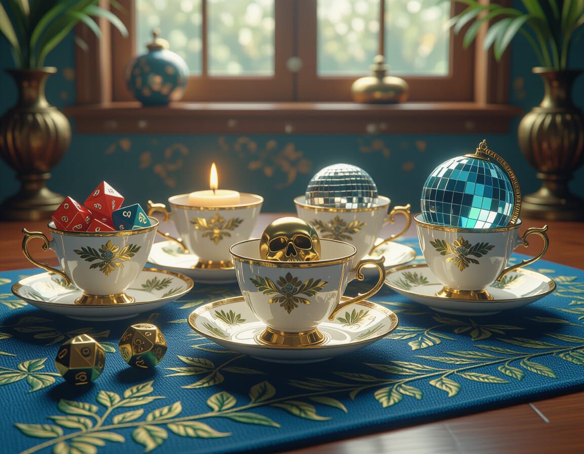 Ornate Teacups Filled with Treasures: Hyperrealistic Still L...