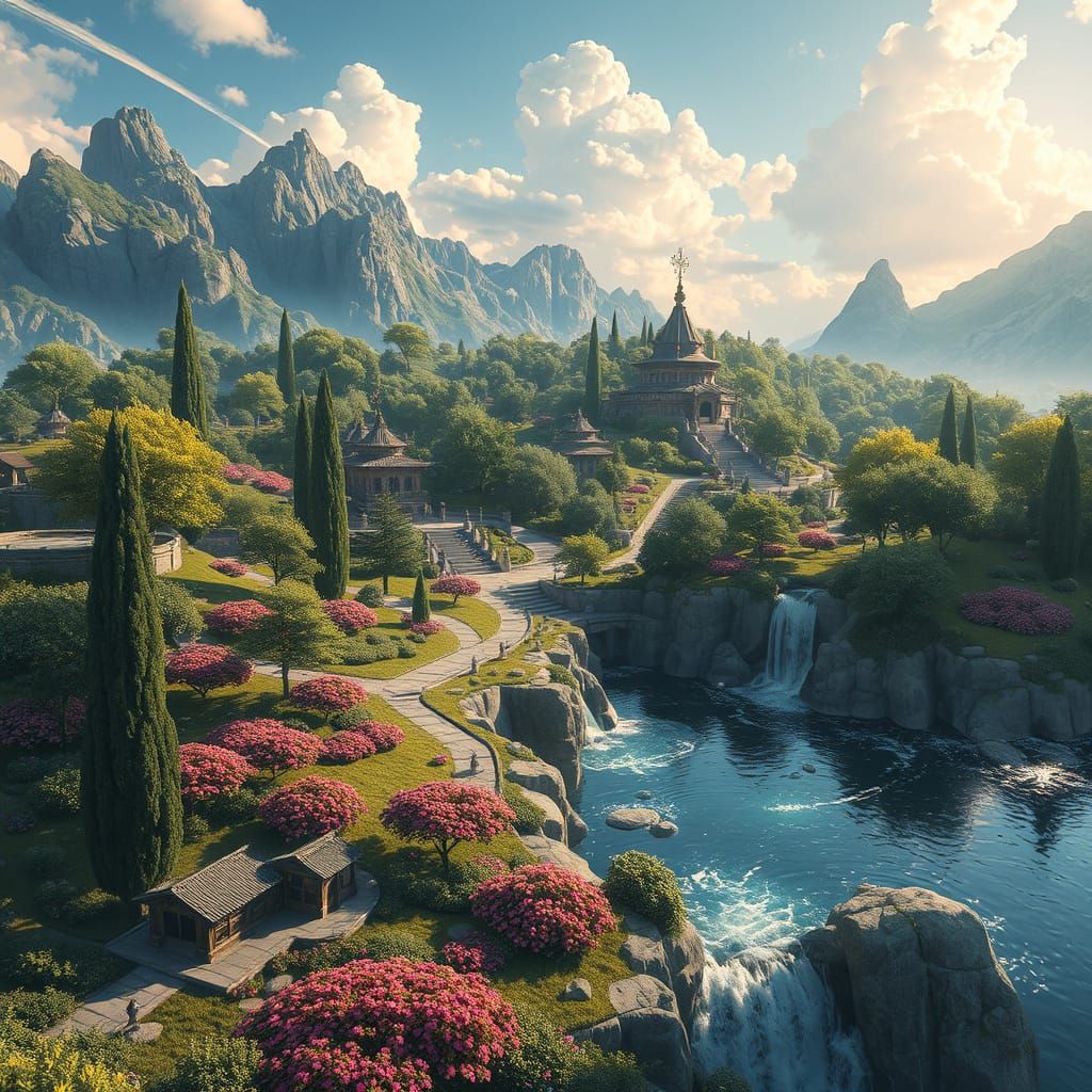 Surreal Anime-Inspired Landscape with Lush Gardens and Shimm...
