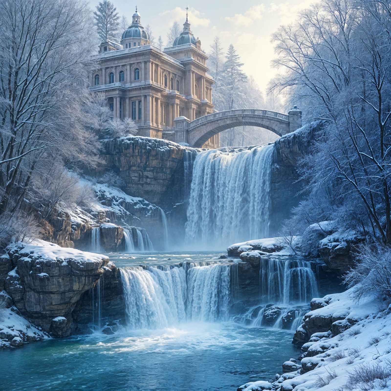 Frozen Beaux Arts Waterfall Captured in Vibrant Blues