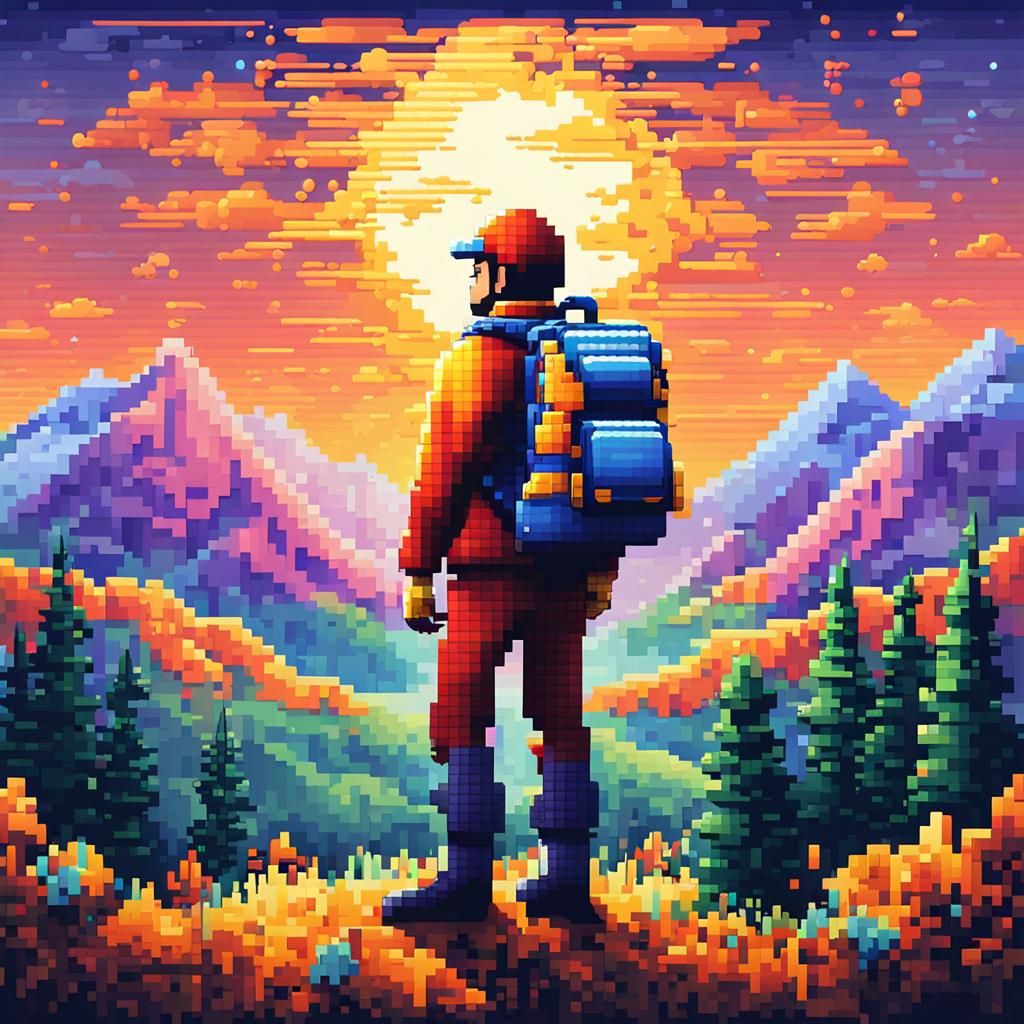 Retro Pixel Art Adventurer in Landscape