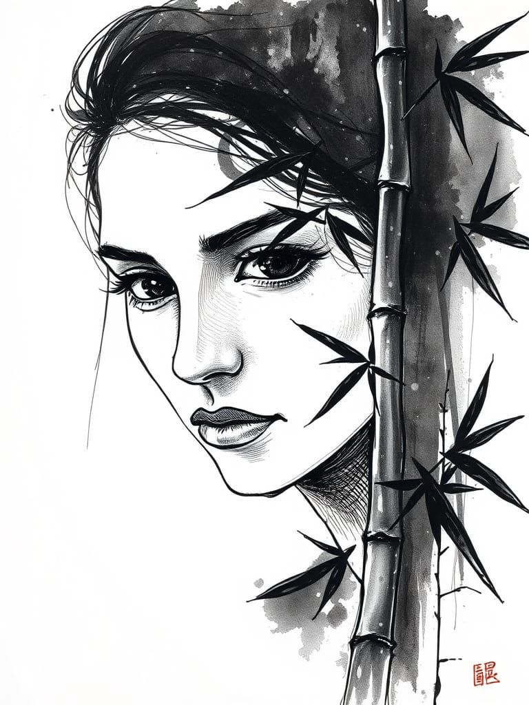 Ethereal Bamboo Portrait in Ink