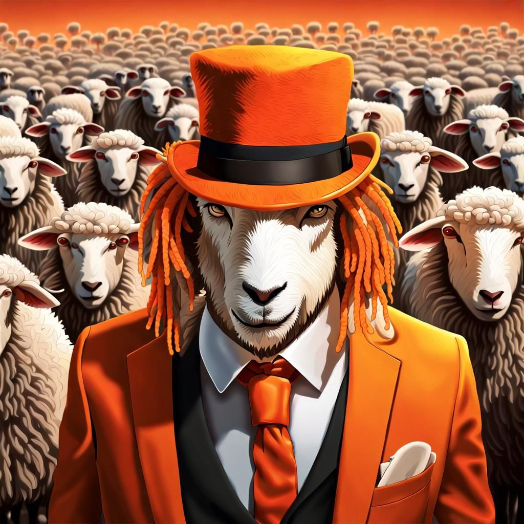 Anthropomorphic Sheep Portrait in Orange Suit